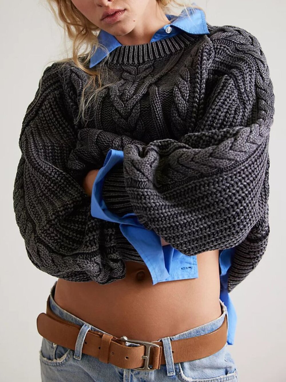 🆕 FREE PEOPLE Frankie Cable Knit Cotton Sweater / Black - Picture 6 of 14